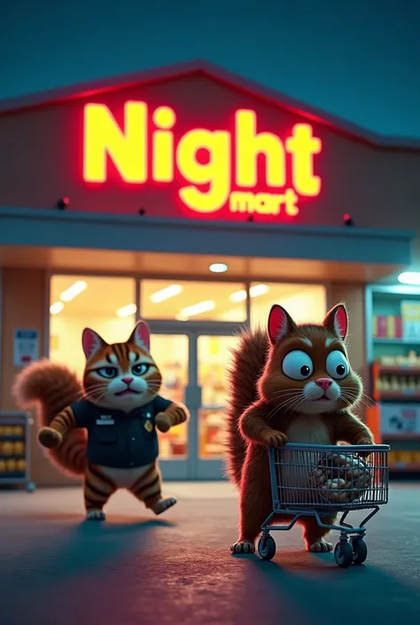  Brightly lit facade supermarket at night with a large glowing sign: Night Mart.  In the foreground, a mischievous humanoid squirrel  (Kik )  rolls a cart along the parking ramp ,  holding a bag of nuts .  Behind her is an angry humanoid cat  (beans), he h...