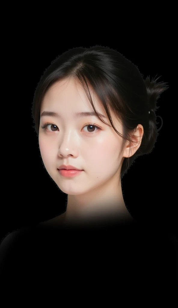 a close up of a woman with a black shirt and a black background, young adorable korean face, south east asian with round face, with round face, wan adorable korean face, lee ji-eun, lee ji - eun, jaeyeon nam, korean face features, korean symmetrical face, ...