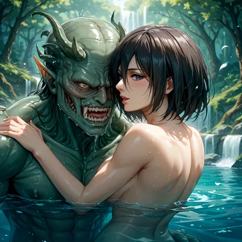 (( top quality)), ((masterpiece)), ( Details), （ perfect face）、The Naked Woman in Princess Dagon is Mikasa Ackerman from Deep One、Mikasa Ackerman from Deep One, the monster of the deep sea, became the wife of the evil god Dagon of Cthulhu and happily forga...