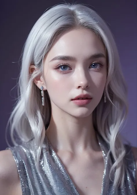 The prettiest 20 yo Targaryen woman,white haired,natural theme, soothing tones, muted colors, high contrast,(natural skin texture , hyperréalisme, mixed violet and blue eyes and long very curly hair, defined jawline with the series “house of the dragon” es...