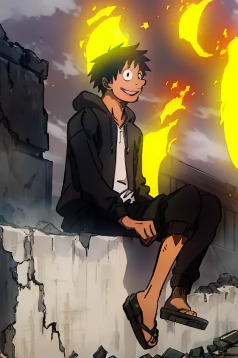 (High quality) (One man with a black hair black eyes and wearing a black hoodie and wearing a white mask with a smile on it) The man is sitting down on a rock Looking at a burning city that is completely destroyed and in ruins. The background is a clear sk...