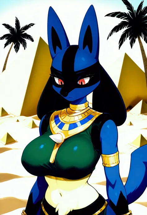 uploaded on e621, by wolfling, glossy skin, canid, lucario, ruins style lucario, pokemon, anthro, female, solo, big large breasts, bracelets, gold collar, egyptian clothing, gold jewelry, hair acessory, golden pelvic curtain, black boxer, green sleeveless ...