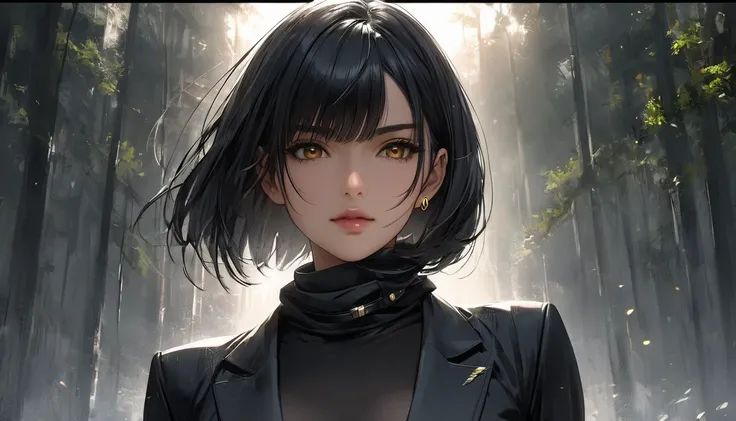 Neo-noir futuristic art style, medium close-up shot, semi-realistic anime-style of a woman standing. aged 23. She has short, sleek black hair in a sharp bob that grazes just below her jawline, slightly disheveled from the tension of her situation. Her warm...