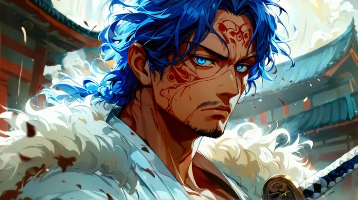 Man, thin and muscular body, blue hair with braids, bright blue eyes, look of contempt, white samurai outfit with blue accents, samurai battle background, "One Piece anime style design, 2D animation style, dramatic lighting, fine lines, impressive features...