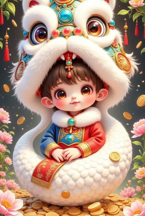 🐍，(美丽的男孩头上戴着中国lion hat特写)，lion hat， cute faces，Rain of coins in the air。Flowers，white snake tail，