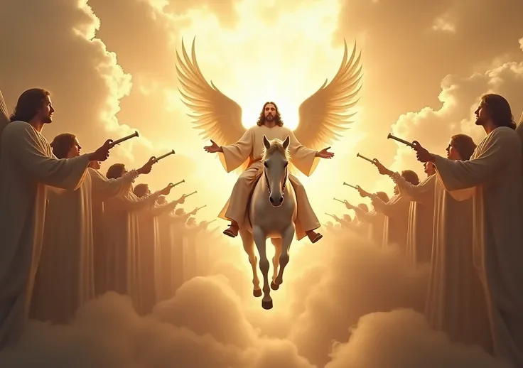 Create an ultra realistic image 8k Jesus riding a white horse coming back in the sky and next to it several angels holding a trumpet, ultra realistic image, detailed 8k resolution, maximum details