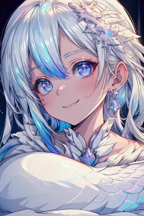 (8k,  best quality, masterpiece : 1.2),  super high resolution with two hands,  Man in his early 20s ,  white hair, White eyes,  Lying in bed , (( iridescent  : 1.2 )),  close-up , White Dragon Horn ,  Little White Dragon Wings ,  Obsessed Smile , flushing...