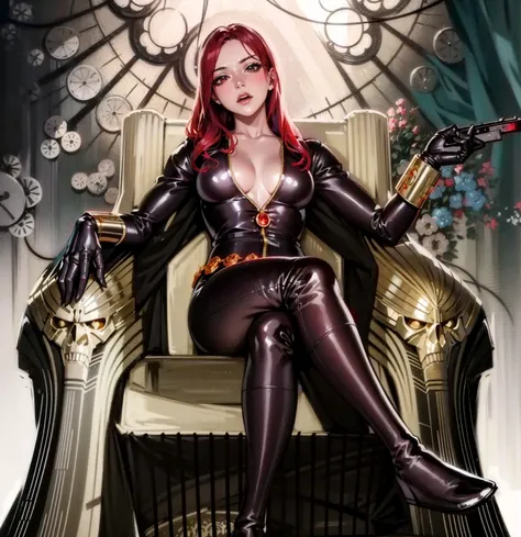 A digitally illustrated image shows a shoulder-length red-haired girl wearing a sleek skin-tight shiny black latex bodysuit with a deep-cut zipper neckline revealing a large chest, the silver zipper running down the front. The suit is complemented by her g...