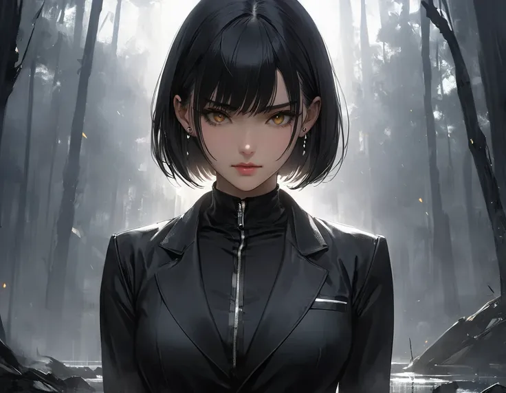 Neo-noir futuristic art style, medium close-up shot, semi-realistic anime-style of a woman standing. aged 23. She has short, sleek black hair in a sharp bob that grazes just below her jawline, slightly disheveled from the tension of her situation. Her warm...