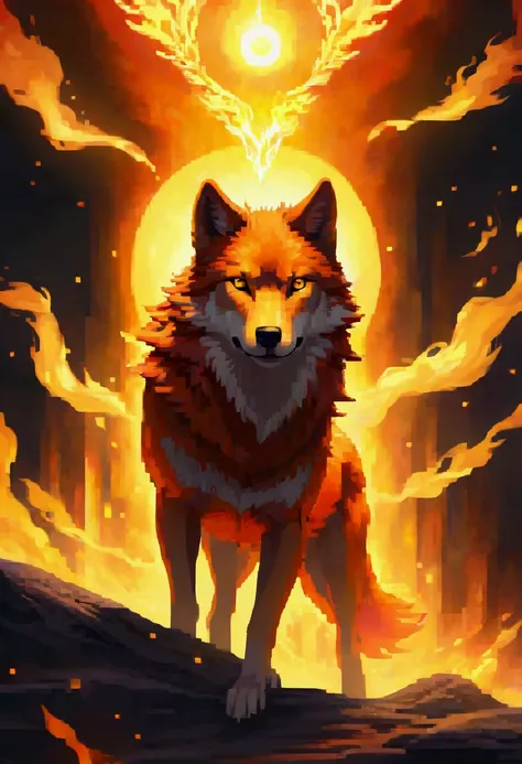 flaming wolf, surrounded by a golden aura