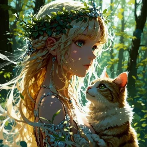 beautiful sexy girl with blonde hair medium lenght with her (tortoiseshell cat), forest, fantasy style, lord of the rings