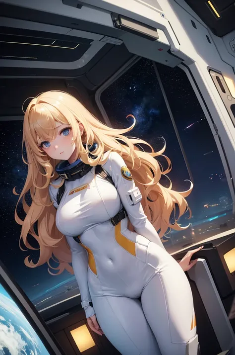 Young female astronaut with long, curly blonde hair, big tits, good figure, worried look, very nervous and scared, wearing a light astronaut suit that was tight to her body, highlighting her curves, located in a dark spaceship, without lights, gloomy, beca...