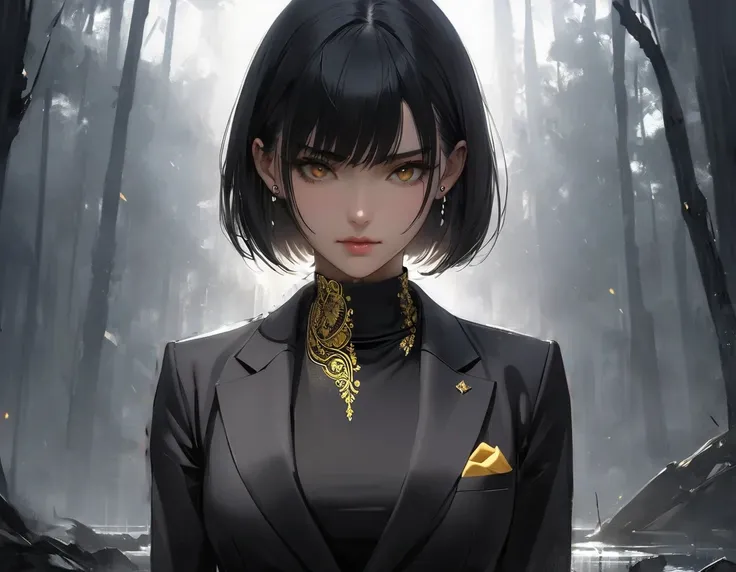 high-collared, fitted black shirt with a subtle black-on-black Indonesian motif fully covers her neck, and she wears a luxurious black blazer with yellow accents.