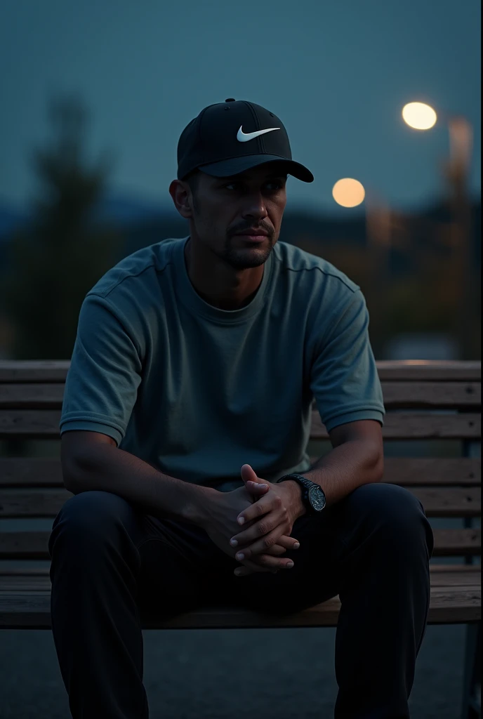 Man in Nike hat sitting on bench
In the evening