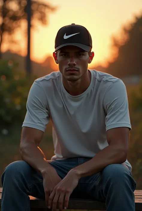 Handsome guy in nike hat sitting on bench
In the evening