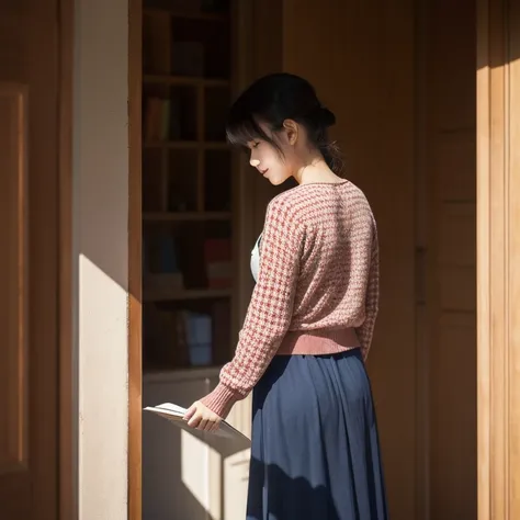 A young beautiful woman, aged 26, reading a book and standing, back light from her shoulder. Wearing a red cardigan and dark blue and white dot long skirt. From side front view.