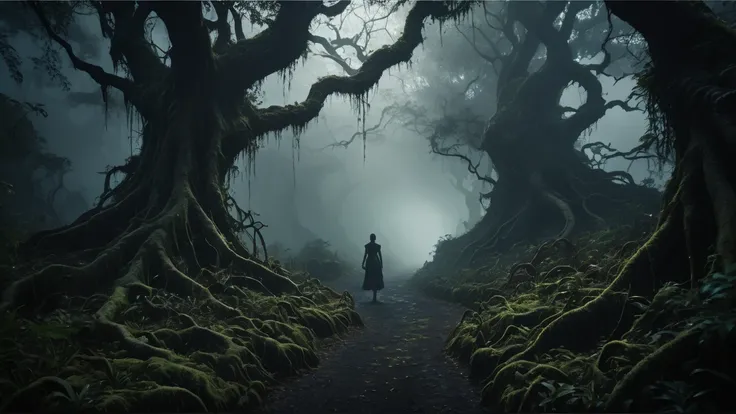 a dark and ominous jungle road, overgrown with twisted vines and ancient trees, a side view perspective, a lone figure walking down the path, the air thick with a sense of dread and foreboding, eerie lighting casting long shadows, (best quality,4k,8k,highr...