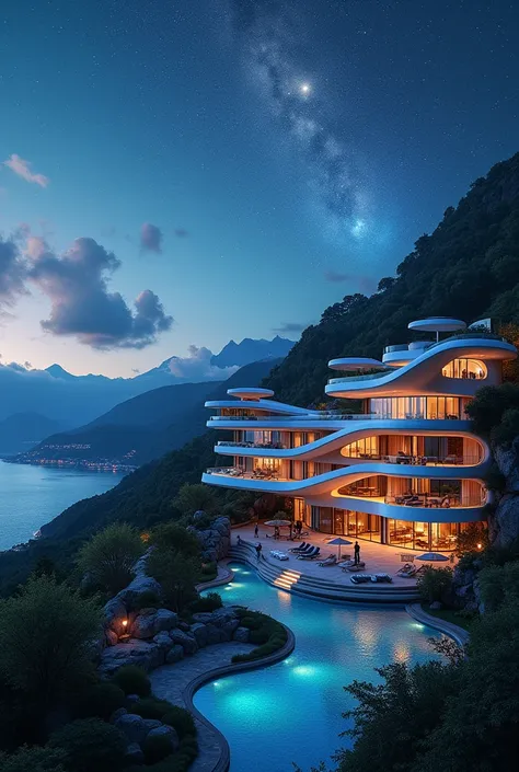 I want a hotel with the cosmic design with its stars, planets and etc, Then it should be located in  Switzerland near to the sea 