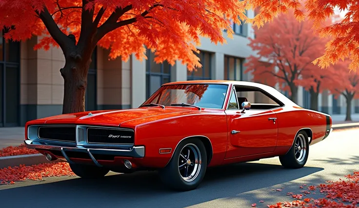 A vibrant, detailed image of a classic red muscle car (a Dodge Charger), parked on a city street, with the warm autumnal tones of a canopy of vibrant red and orange leaves overhead, creating a beautiful contrast against the dark, textured asphalt road.  Th...