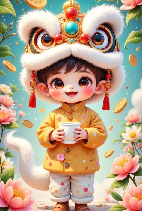 🐍，(美丽的男孩头上戴着中国lion hat特写)，lion hat， cute faces，Holding a pearl milk tea cup，Rain of coins in the air。Flowers，white dragon tail，