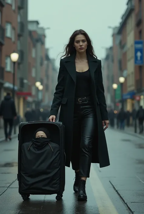  Image divided into two parts : in the first part we see a woman walking down the street with a large suitcase ,In the second stage we see that inside the closed suitcase there is a , in which we do not see the body that is hidden in black spandex and with...