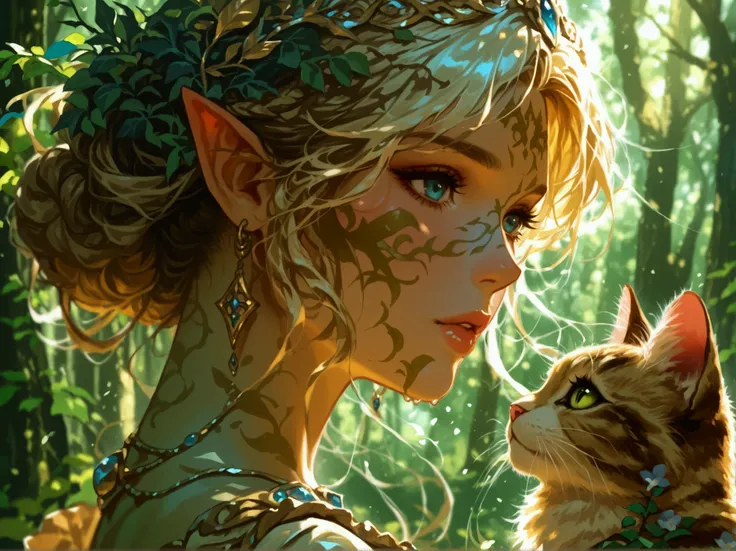 beautiful sexy girl with mediumblonde hair with her (tortoiseshell cat), forest, fantasy style, lord of the rings