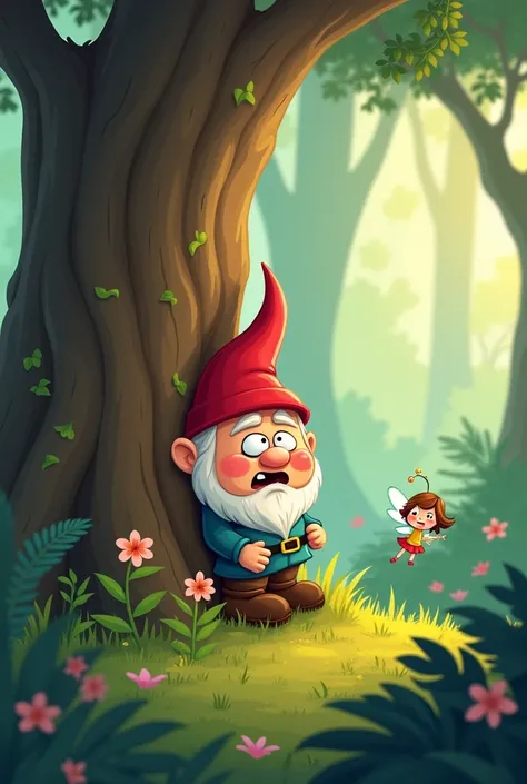 A cute cartoon gnome was hiding behind the tree and was afraid to be seen by the little fairy .