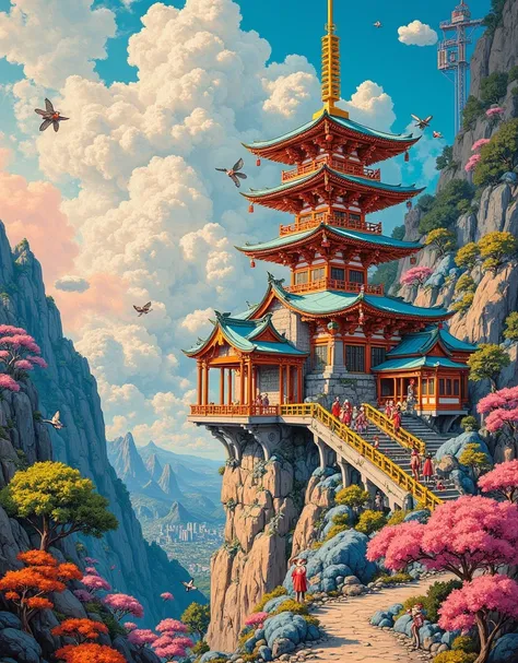 Colorful fantasy ancient Japanese temple, painting by René Magritte and Frank Auerbach and Mattias Adolfsson, oil on canvas,