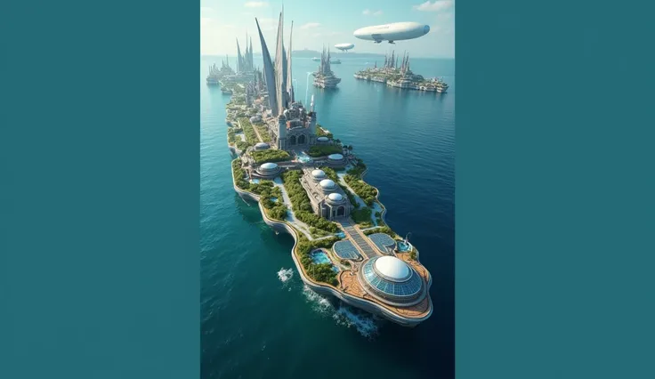 (A large, futuristic, seagoing, motarized, floating, island city):2, (self-sufficient and sustainable, harnessing wind and solar power, wave motion):2, and (a small fusion reactor to power the massive in-board enginges that move the city through the water)...