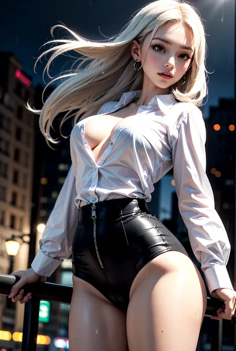 Translucent shirt,solo girl,night,park,spotlight, rain,huge breasts,small waist,thick thighs,windy,seductive pose,alone,white hair,medium length hair,tattoos, piercings