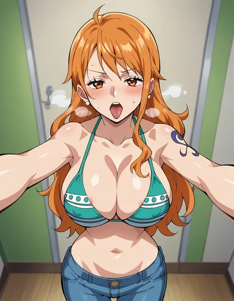 score_9, score_8_up, score_7_up, source_anime, (anime coloring, anime screencap:0.7), shiny skin, Nami, large breasts, cleavage, bangs, orange hair, orange eyes, long hair, light blue bikini, navel, blue jeans, bedroom, hotel, cowboy shot, standing, from f...