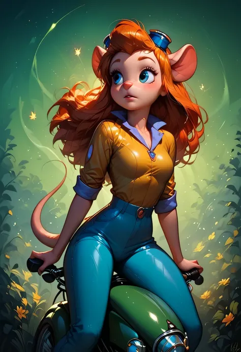 score_9, score_8_up, score_7_up, score_6_up, mouse tail, gadget, petite but curvy body, 1girl, solo, nerdy girl, youthful, cute face, long orange hair, riding an green old style motorcycle, dynamic pose, (focused look), looking aside, sparkling blue eyes, ...