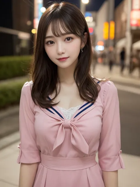 Whole body 1.9, Highest quality, shape, Very detailed, finely, High resolution, 8k wallpaper, perfect dynamic shape, Beautiful and beautiful eyes, ((The outfit is a pink sailor dress)),　Straight hair,Small breasts、Natural Color Lip, Bold sexy pose,smile、20...