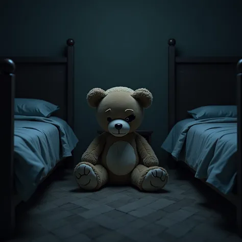 A torn teddy bear was sitting in a darkened bedroom, frowning sadly among the beds. The atmosphere and tone of the picture is a sad nighttime style. Look at Dark Dark.