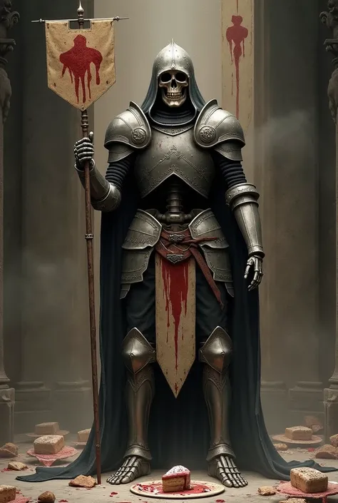 a skeleton in medieval armor inspired by Dark Souls holding a banner facing forward while there are pieces of cake on the floor 