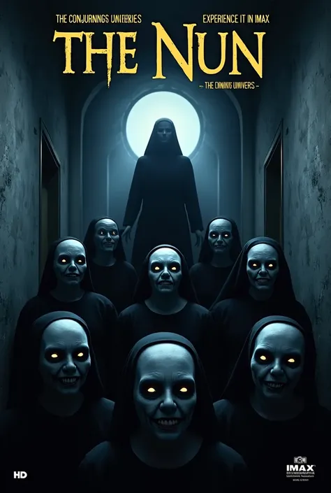 Create a poster for the movie "The Nun III", another poster in the series "The Conjuring Universe":
The poster has a main color tone of gray, blue and white, creating a gloomy, scary and haunting feeling. The poster layout focuses on the image of the nun c...