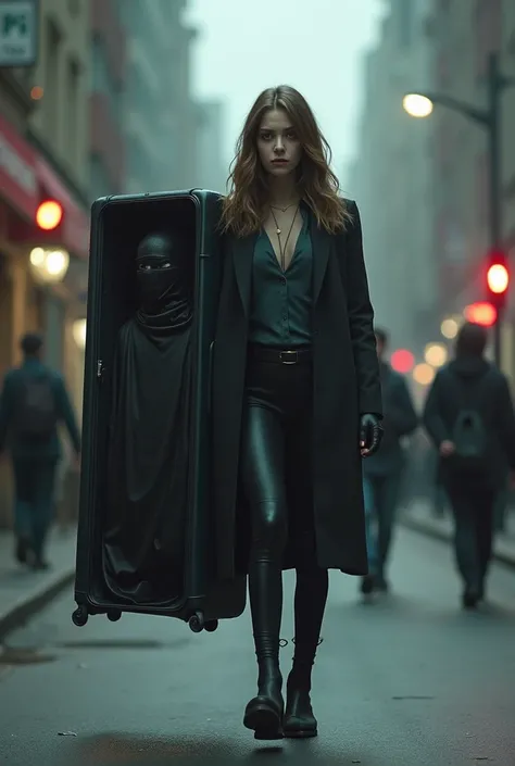  Image divided into two parts : in the first part we see a woman walking down the street with a large suitcase ,In the second stage we see that inside the closed suitcase there is a , in which we do not see the body that is hidden in black spandex and with...