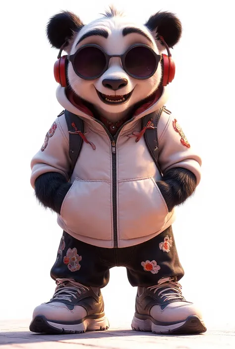 The image is a digital illustration featuring a stylized anthropomorphic baby panda character. Panda is depicted in a modern urban style, wearing a white hooded jacket with red accents and a pair of large round sunglasses. The characters ears are black, an...