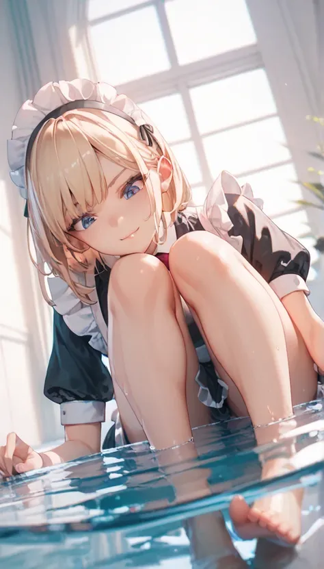 Anime Women,  maid clothes, Stomping of feet on face, straddling on face, Push your head under the bath water, From below, looking down, Point of View Shot