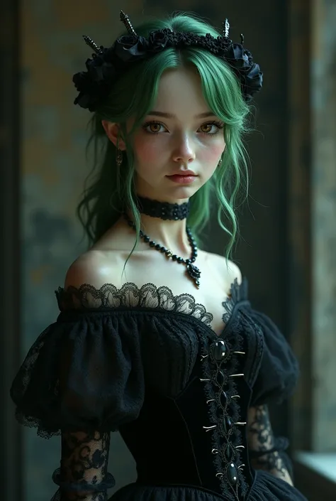 Girl with green medium long hair amd brown eyes in a gothic dress small breast