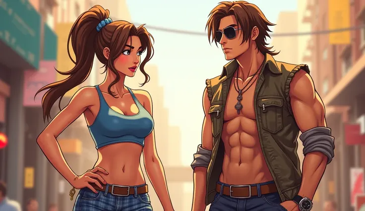 "Create a stylish anime -inspired scene featuring a confident male and female duo in a sunlit urban setting. The male character has long, wavy hair, sunglasses, and rugged attire with a sleeveless, textured shirt and accessories, exuding a cool, carefree v...