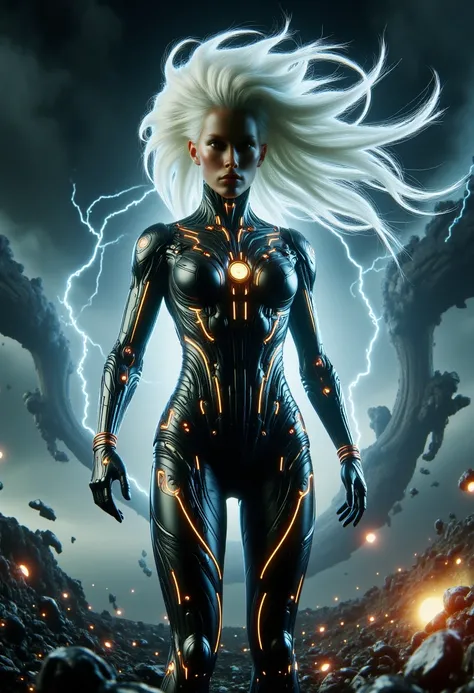 A dynamic and action-packed scene featuring Storm from the X-Men. She stands in the center of a swirling tornado, her white hair flowing wildly in the wind, and her eyes glowing with power. Her iconic black and gold costume shimmers with energy as lightnin...