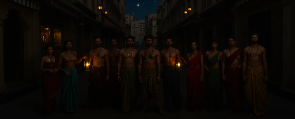 A highly detailed Baroque/Renaissance-style painting set in a bustling night street of an ancient Indian city. The scene features a group of desi, handsome shirtless men in sensual poses, illuminated by the warm glow of lanterns they hold to display themse...