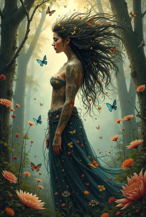 A captivating and detailed artwork of a woman, standing amidst a mystical and ethereal landscape. She is adorned with intricate ornate Pharaonic tattoos that resemble flowers, animals, and various patterns, seamlessly interwoven with her hair. The backgrou...