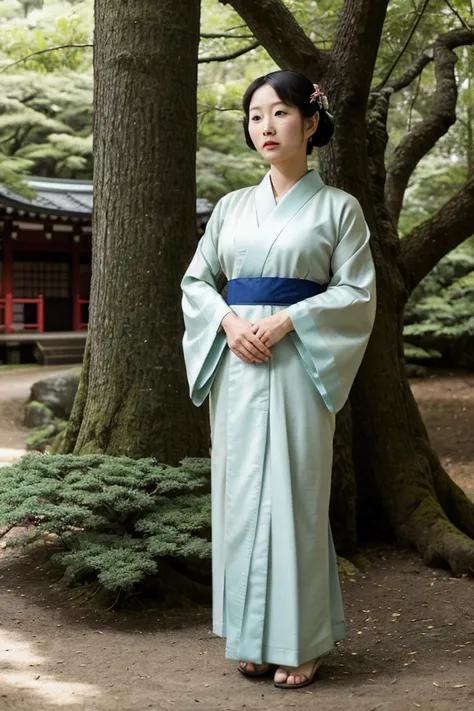 A woman in a soft-colored traditional Japanese kimono from the 1940s is standing quietly in a scenic grove of mixed trees. She holds a small bag in her hand, exuding a serene presence.