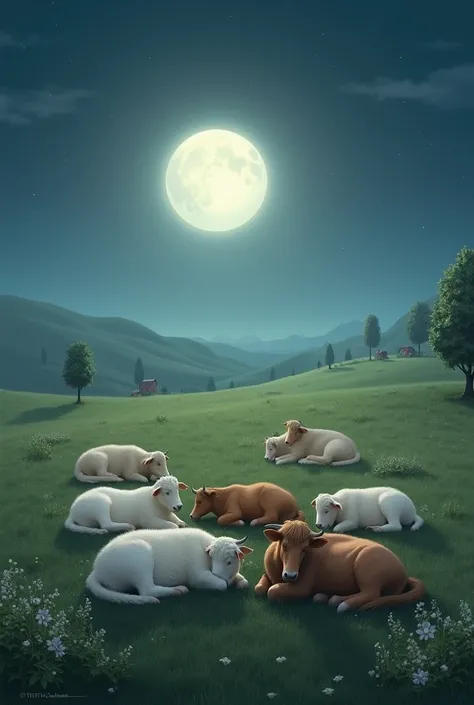 Image of animals sleeping in the pasture on a full moon night
