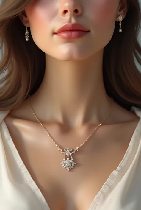  ultra realistic image , 4K, of a beautiful woman wearing a fine and delicate necklace with a zirconia, to be used on a 