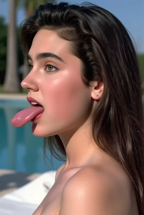 (very realistic photography),(masterpiece, best quality:1.3), 1girl, from the side view, her beautiful profile accentuated,
((young Jennifer Connelly)),(at age 15),
she might be naked.,
with cute face with adorably plump cheeks, 
scooped nose arched high w...