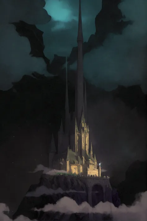 Dark Fantasy: The last magical castle, towering on a sharp cliff, surrounded by thick fog. The castle is made in the Gothic style with strong spires, gloomy towers and glowing windows emitting a mysterious glow. Around the cliff swirls a fog in which the s...