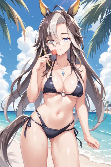 NSFW,masterpiece, top quality, high definition , very detailed,Dream Journey,Dream Journey(Horse Girl),Glasses,Fine Bikinis , multiple straps,beach, palm trees,Beach House, body is wet 